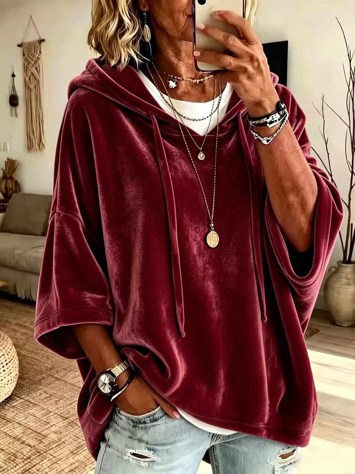 🌿🌿LAST DAY SAVE 49%⌛Women’s 3/4 Sleeves Minimalist Velour Hoodie Top