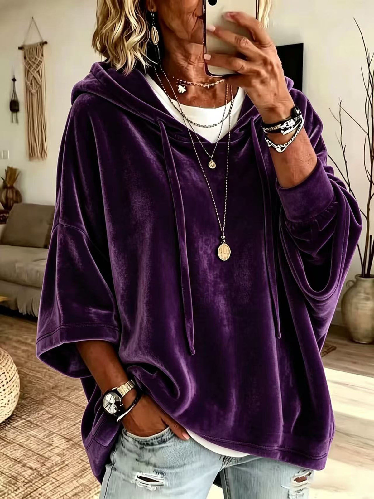 💝💝Women’s 3/4 Sleeves Minimalist Velour Hoodie Top