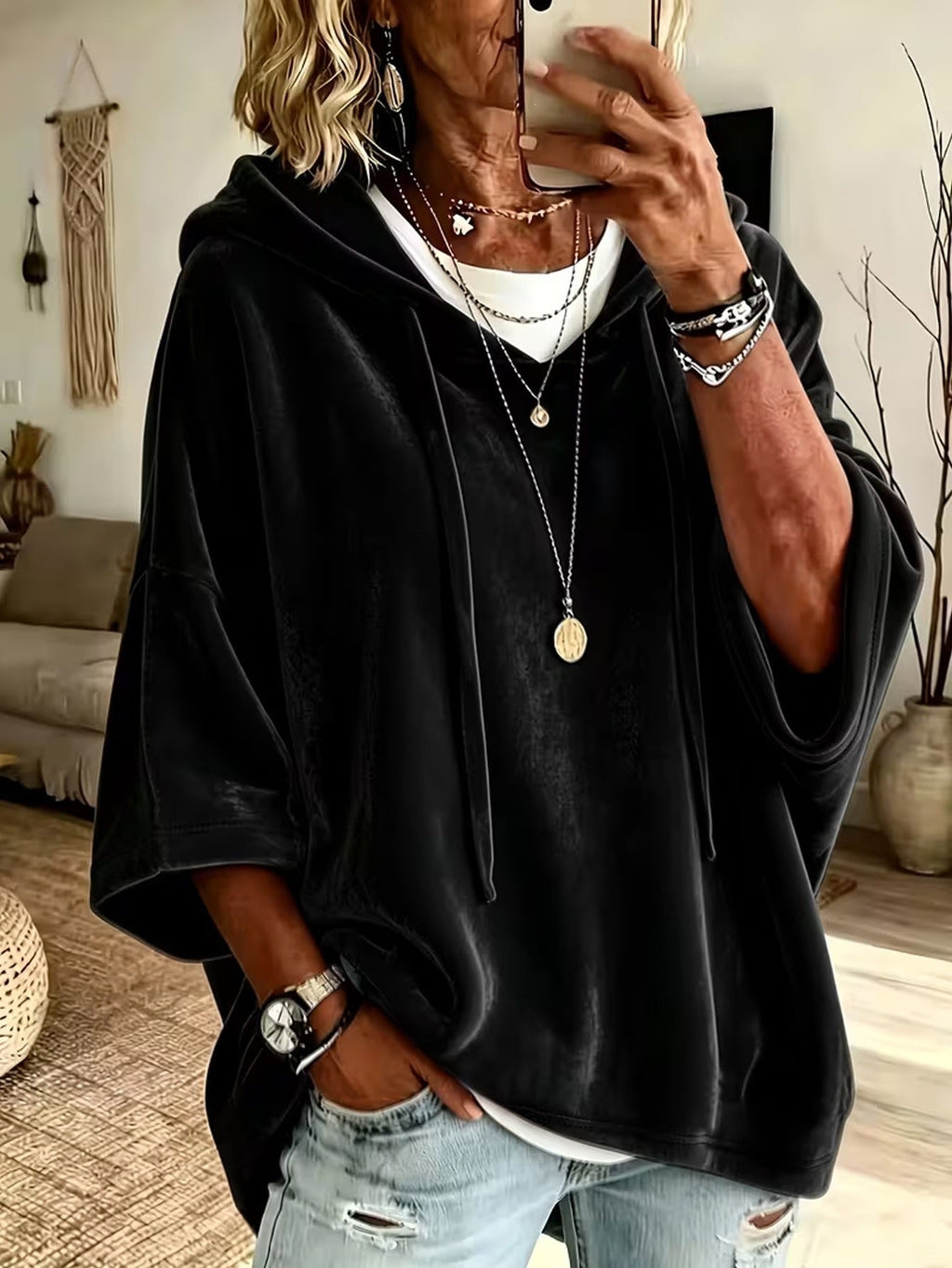 💝💝Women’s 3/4 Sleeves Minimalist Velour Hoodie Top