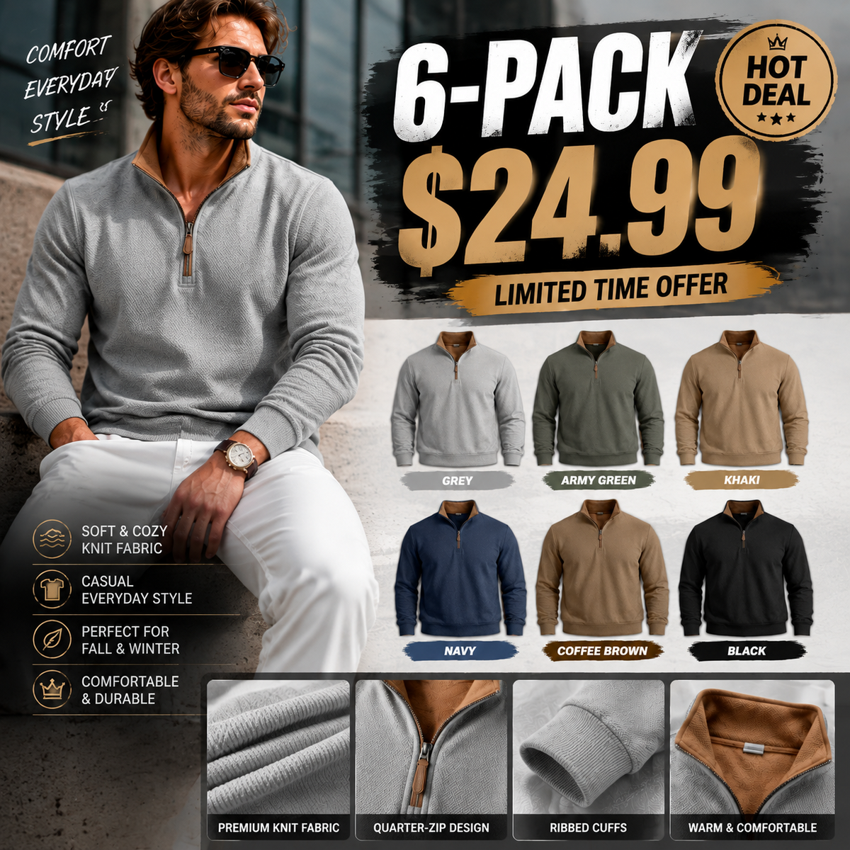 💚Men's Waffle-Knit Polyester Quarter-Zip Pullover Outdoor
