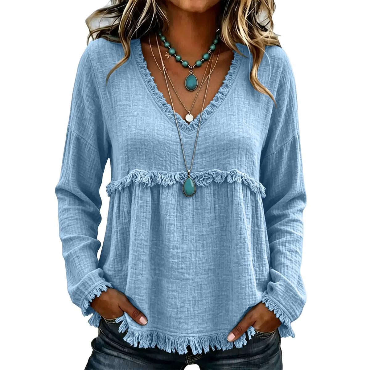 💝💝Women's Boho V Neck Long Sleeve Fringe Top Plus Size