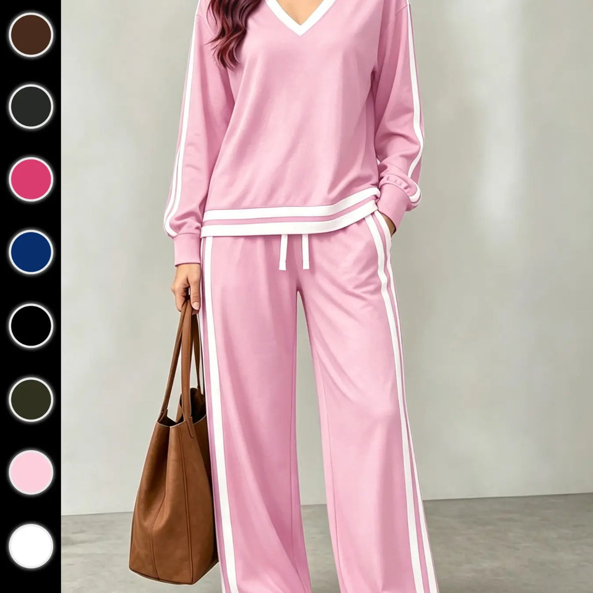 💚Women's Casual Two-Piece Set with V-Neck Long Sleeve T-Shirt and Contrast Stripe Pants | All Seasons Fashion