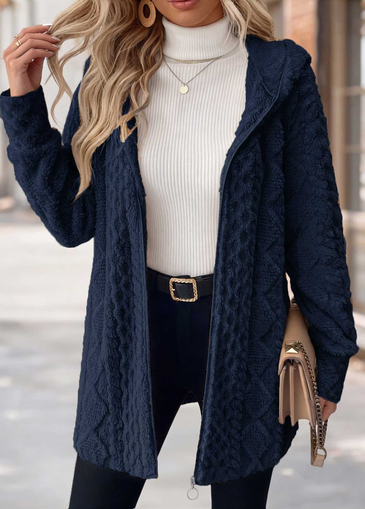 MODLILY®Navy Tummy Coverage Long Sleeve Hooded Coat