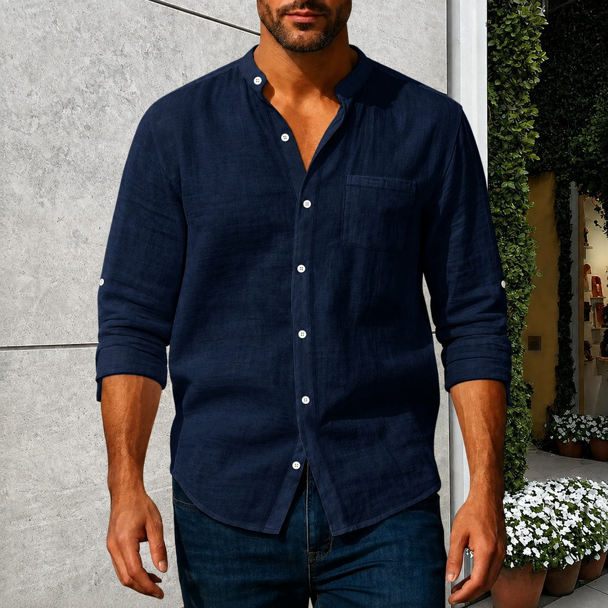 💚Men's Linen Long Sleeve Stand Collar Shirt