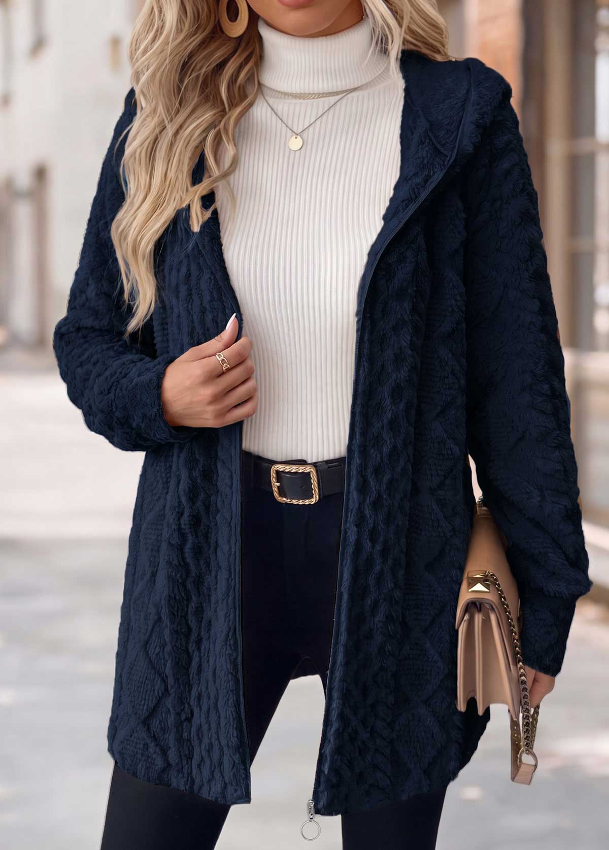 MODLILY®Navy Tummy Coverage Long Sleeve Hooded Coat