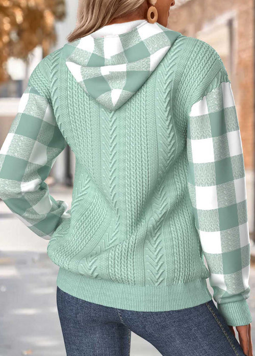 MODLILY®Sage Green Tummy Coverage Plaid Long Sleeve Hoodie
