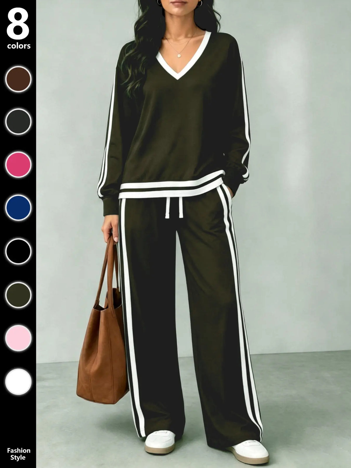 💚Women's Casual Two-Piece Set with V-Neck Long Sleeve T-Shirt and Contrast Stripe Pants | All Seasons Fashion
