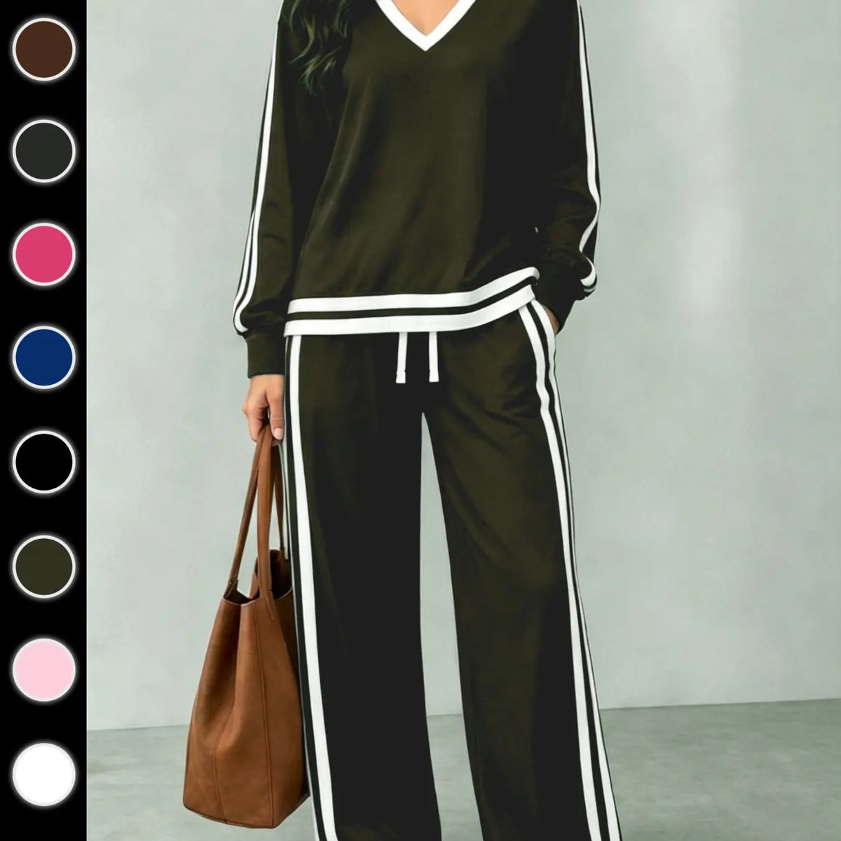 💚Women's Casual Two-Piece Set with V-Neck Long Sleeve T-Shirt and Contrast Stripe Pants | All Seasons Fashion