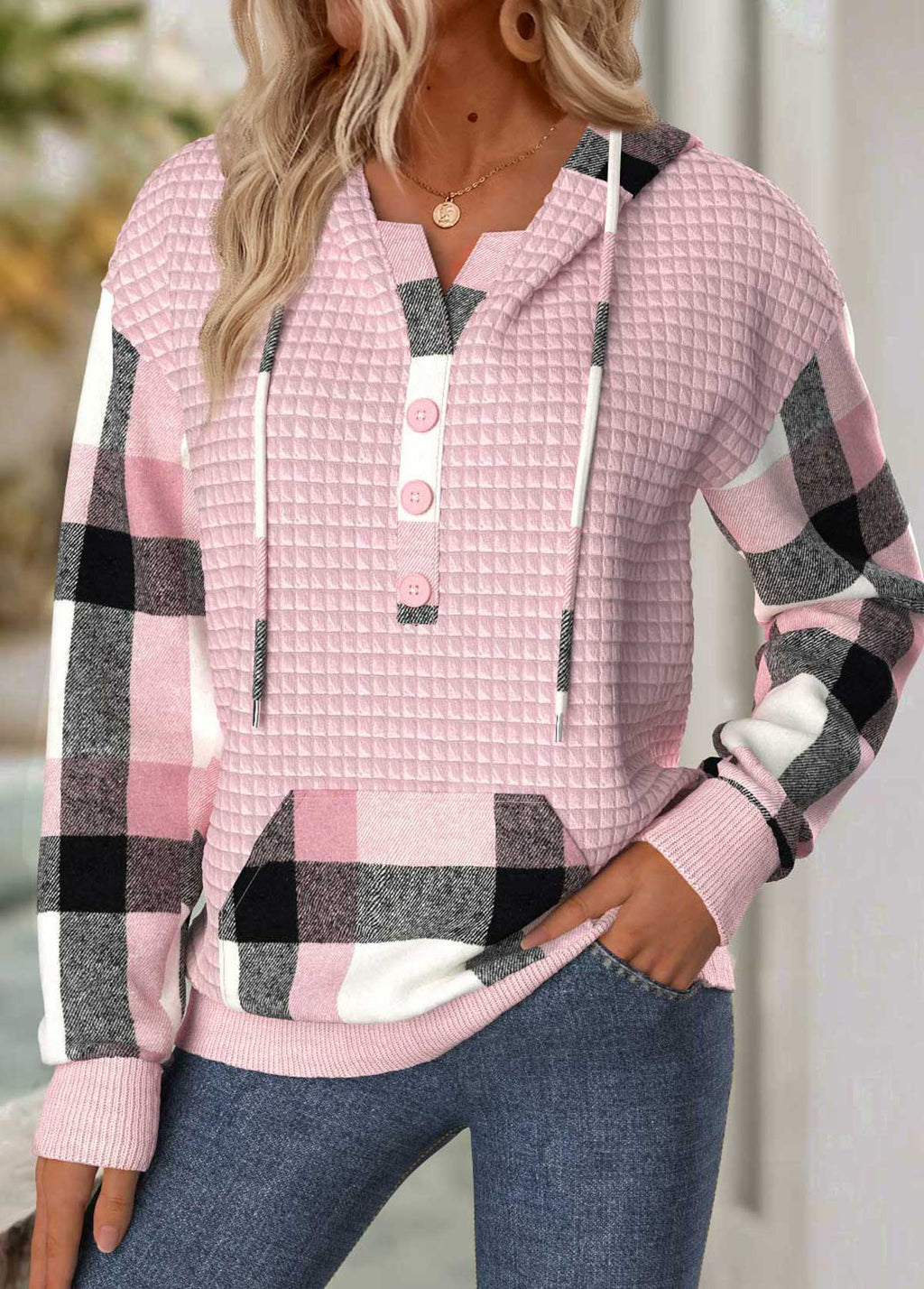MODLILY®Sage Green Tummy Coverage Plaid Long Sleeve Hoodie