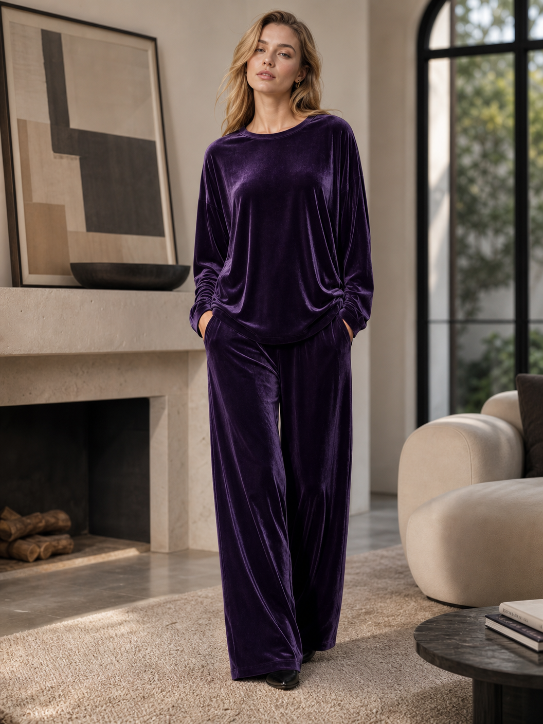 🌸🌸Women Soft Velvet Matching Set - Long Sleeve Top & Wide-Leg Pants✨