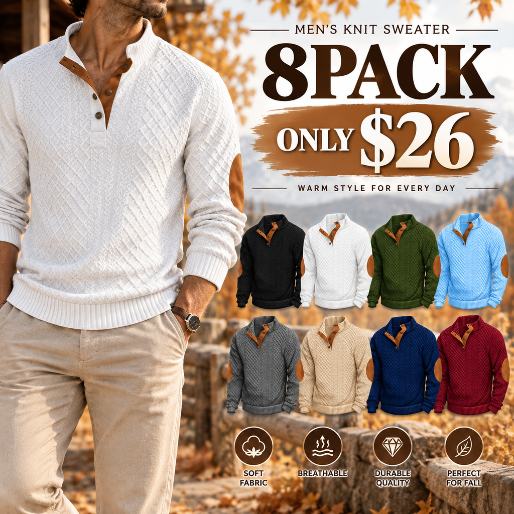 🌿🌿LAST DAY SAVE 49%⌛Men's Stand Collar Jacquard Knit Sweater, Micro Stretch 100% Polyester Elbow Patch Long Sleeve Top