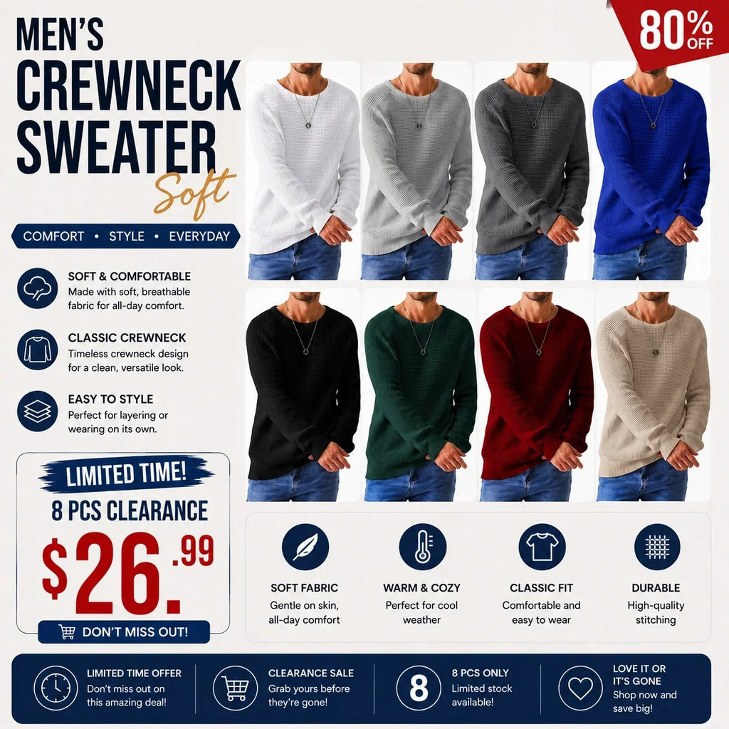 🌿🌿Limited-Time Offer🎁Men's Crewneck Sweater Soft Casual Sweaters Classic Long Sleeve Pullover Sweaters with Ribbing Edge