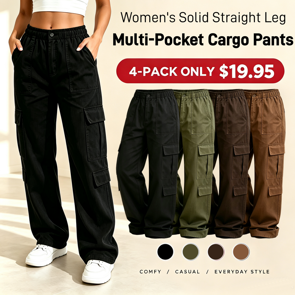 💚LAST DAY SALEWomen's Solid Straight Multi-Pocket Cargo Pants