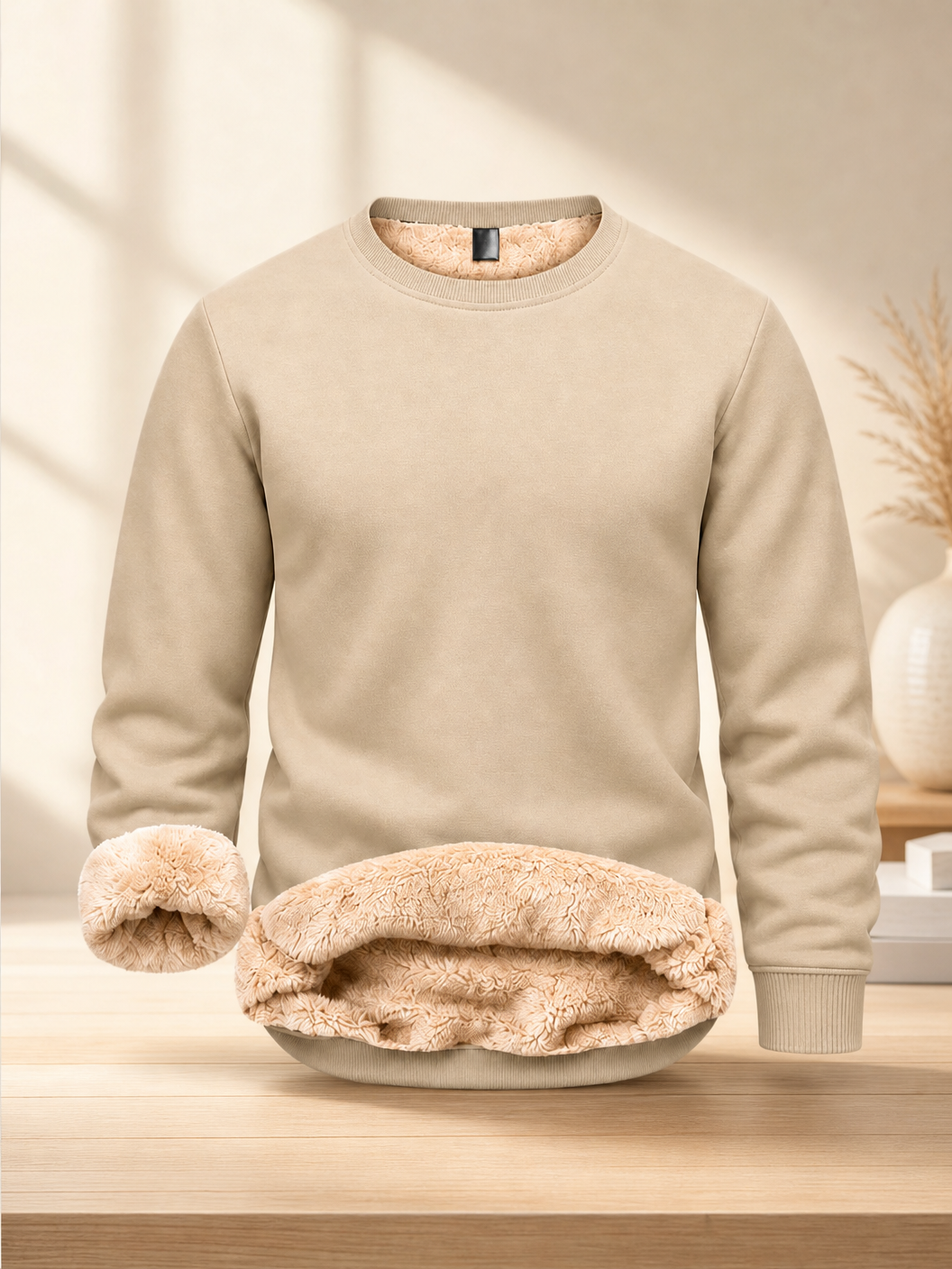 🌸🌸Men's Fitted Crewneck Sherpa Lined Sweatshirt, Wind Resistant Polyester Athletic Pullover Casual Top