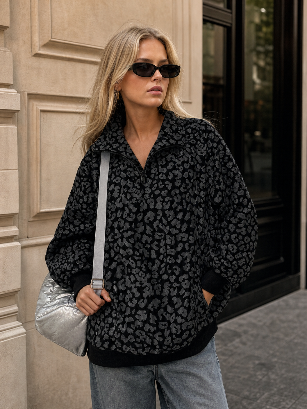 🌸🌸Oversized Half Zip Leopard Print Sweatshirt for Women, Casual Relaxed Fit Top