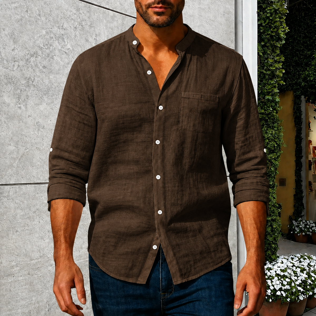 💚Men's Linen Long Sleeve Stand Collar Shirt