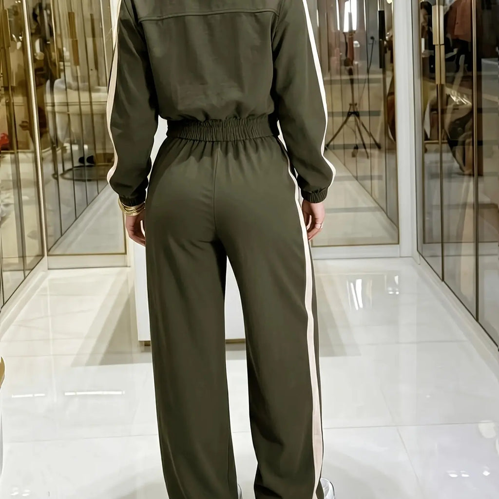 💚Casual Women's Two-Piece Set with High Waist Pants and Short Zipper Jacket, Polyester, Multiple Colors