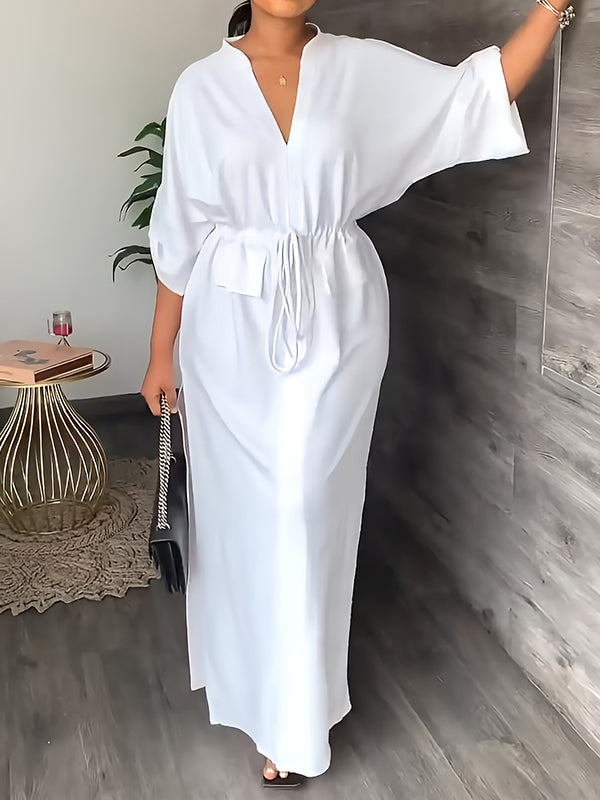 💚Loose Drawstring Solid Color Split-Side V-Neck Maxi Dresses