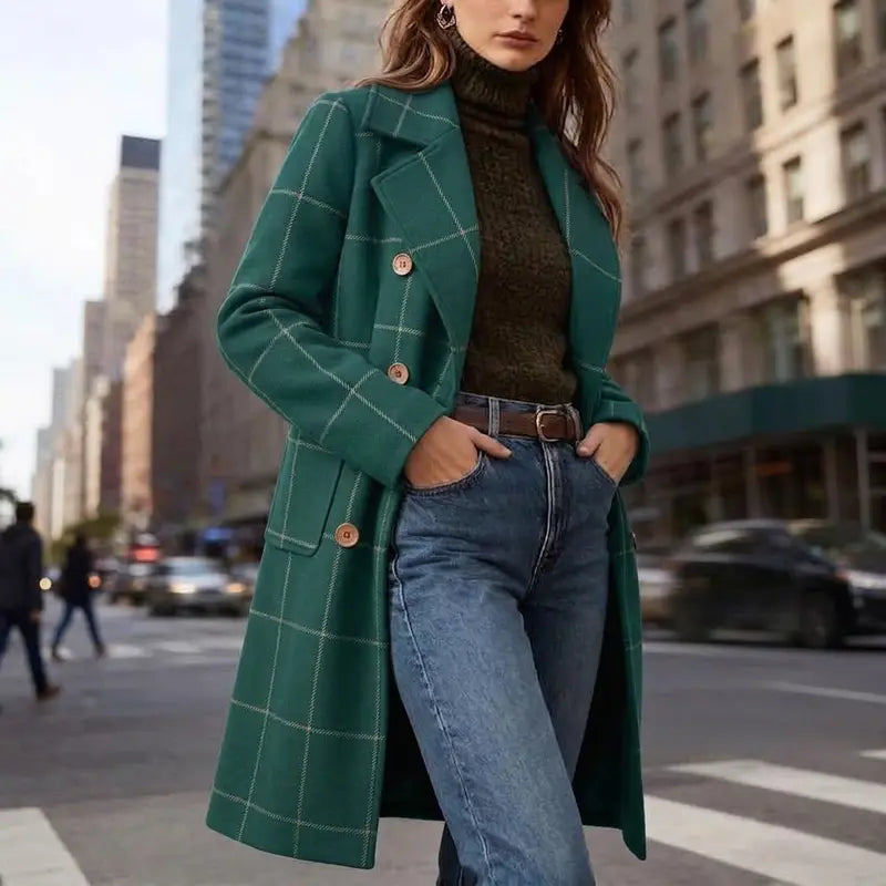 💚WoodBerry Plaid Wool Blend Trench Coat Beige Notch Lapel Mid Long