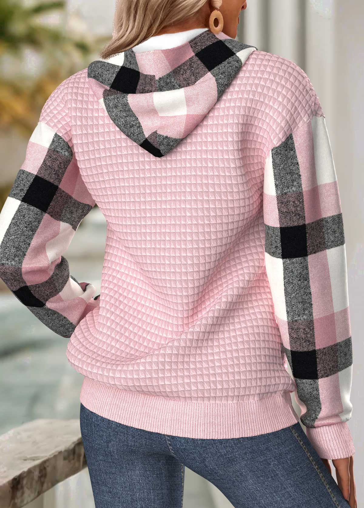 MODLILY®Sage Green Tummy Coverage Plaid Long Sleeve Hoodie