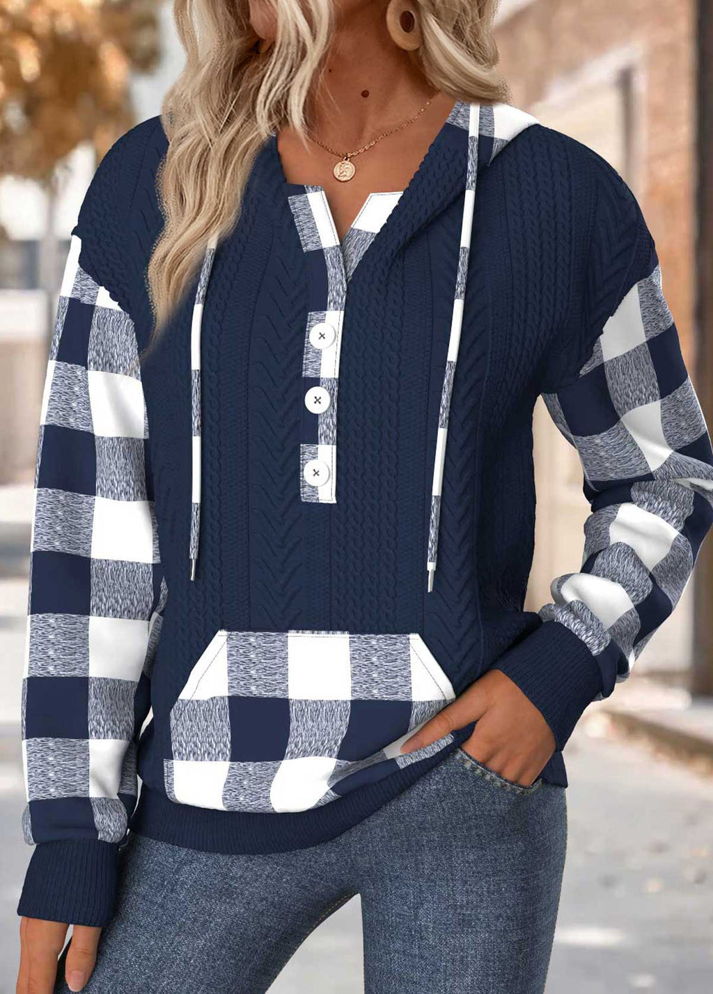 MODLILY®Sage Green Tummy Coverage Plaid Long Sleeve Hoodie