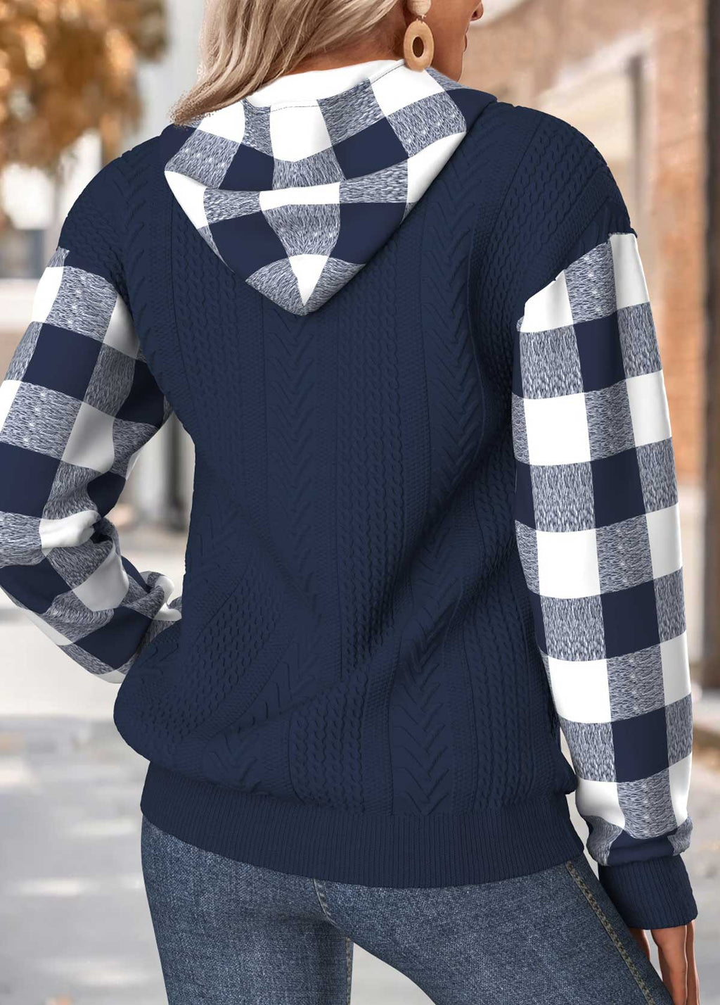 MODLILY®Sage Green Tummy Coverage Plaid Long Sleeve Hoodie