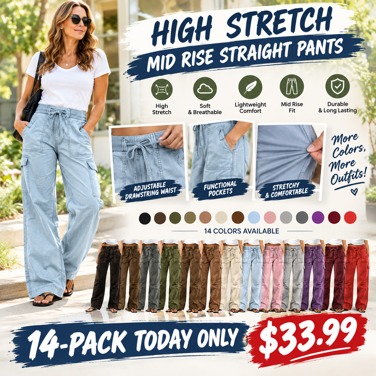 🌿🌿⚡FINAL SALE⚡ Women's Mid-Rise Straight-Leg Pants – Comfortable Stretch Casual Trousers