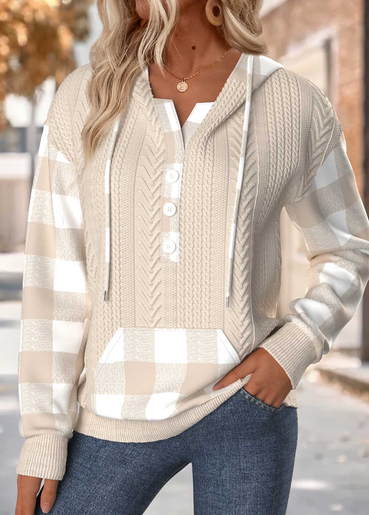MODLILY®Sage Green Tummy Coverage Plaid Long Sleeve Hoodie