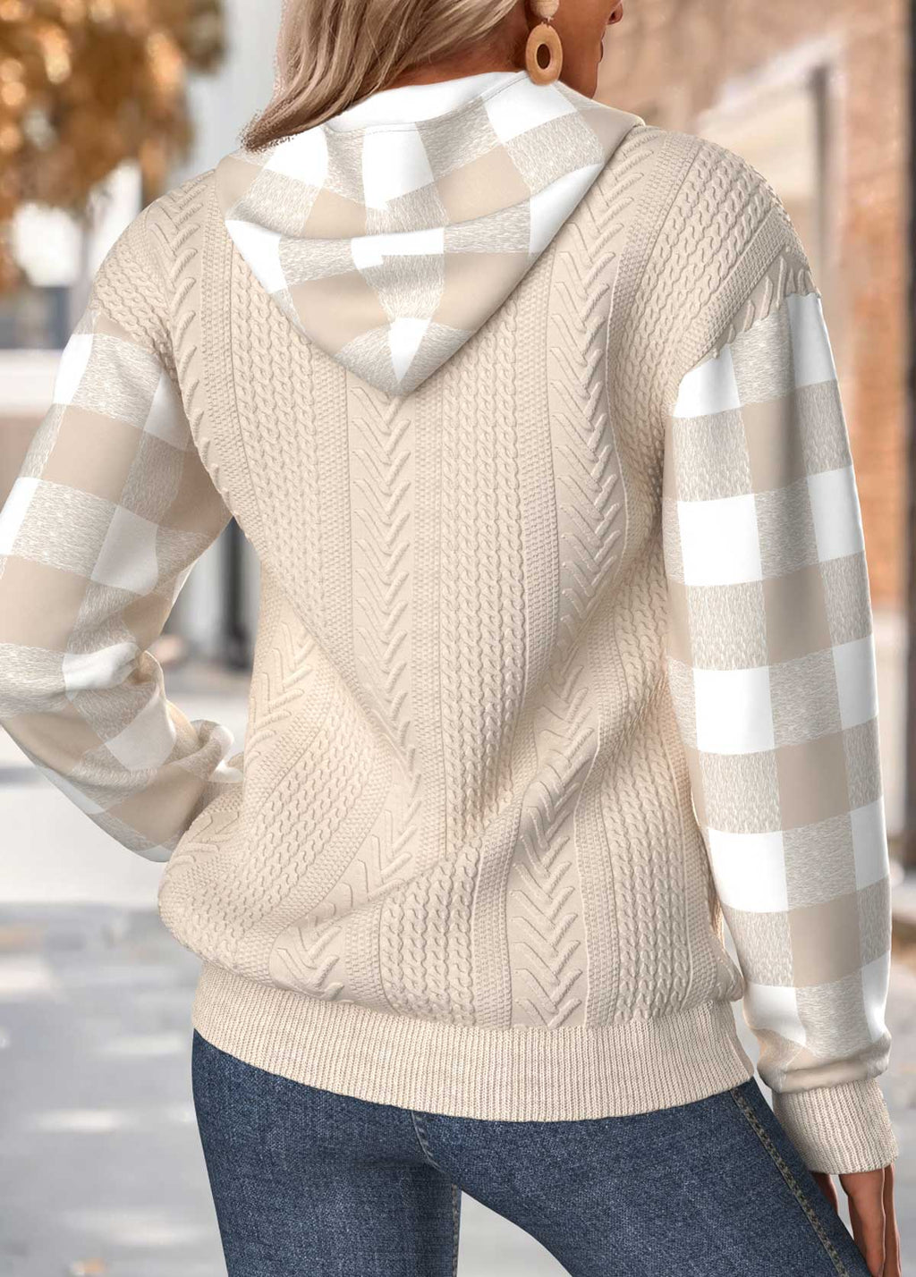 MODLILY®Sage Green Tummy Coverage Plaid Long Sleeve Hoodie