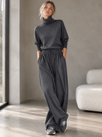 🌸🌸Women Turtleneck Wide Leg Pants 2 Piece Outfit Set, Drawstring Waist Casual Matching Loungewear