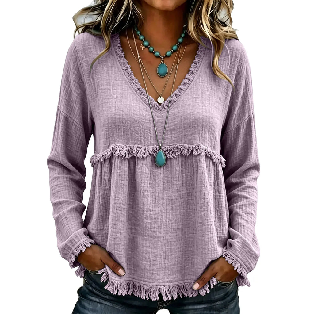 💝💝Women's Boho V Neck Long Sleeve Fringe Top Plus Size