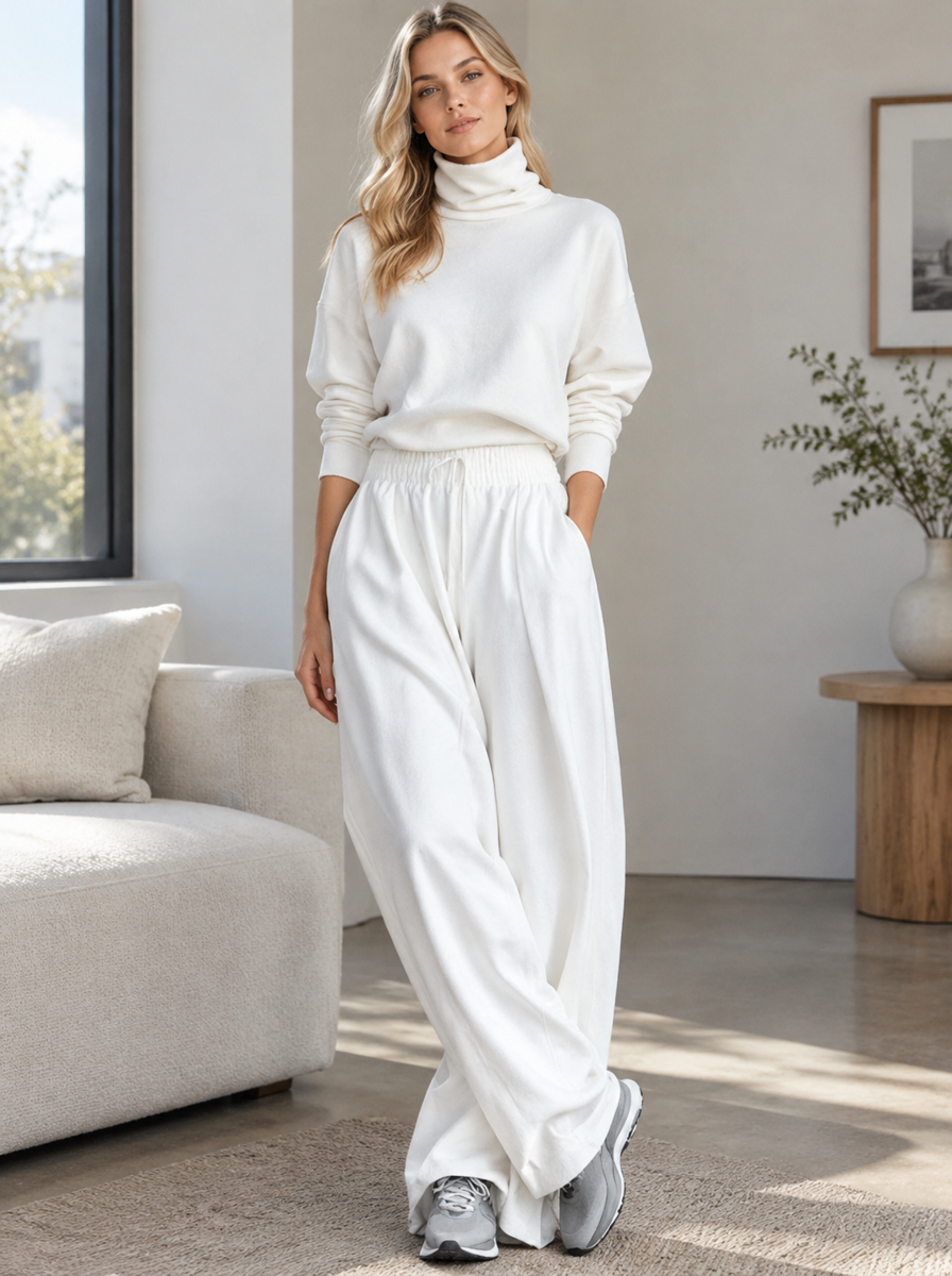 🌸🌸Women Turtleneck Wide Leg Pants 2 Piece Outfit Set, Drawstring Waist Casual Matching Loungewear