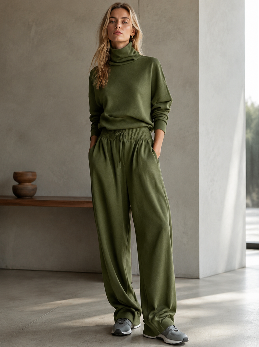 🌸🌸Women Turtleneck Wide Leg Pants 2 Piece Outfit Set, Drawstring Waist Casual Matching Loungewear