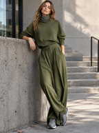 🌸🌸Women Turtleneck Wide Leg Pants 2 Piece Outfit Set, Drawstring Waist Casual Matching Loungewear