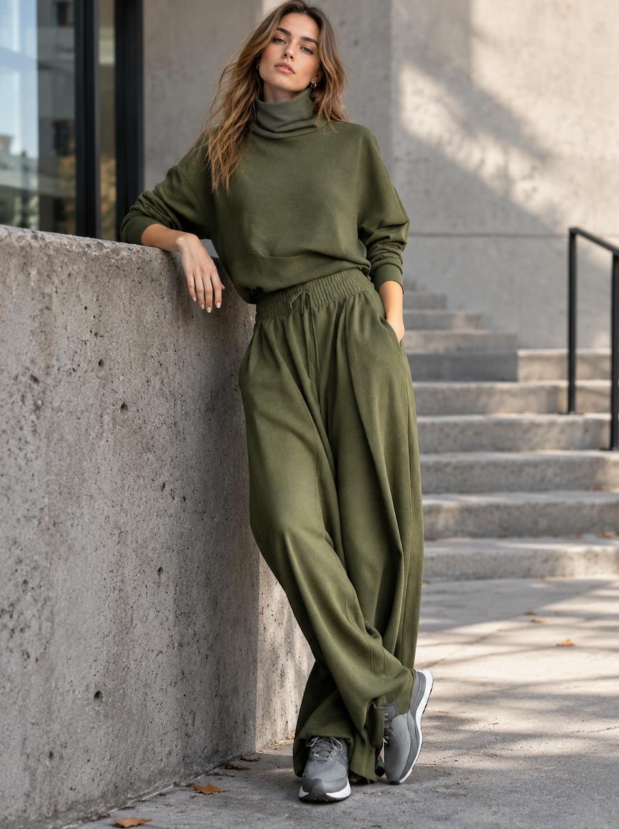 🌸🌸Women Turtleneck Wide Leg Pants 2 Piece Outfit Set, Drawstring Waist Casual Matching Loungewear