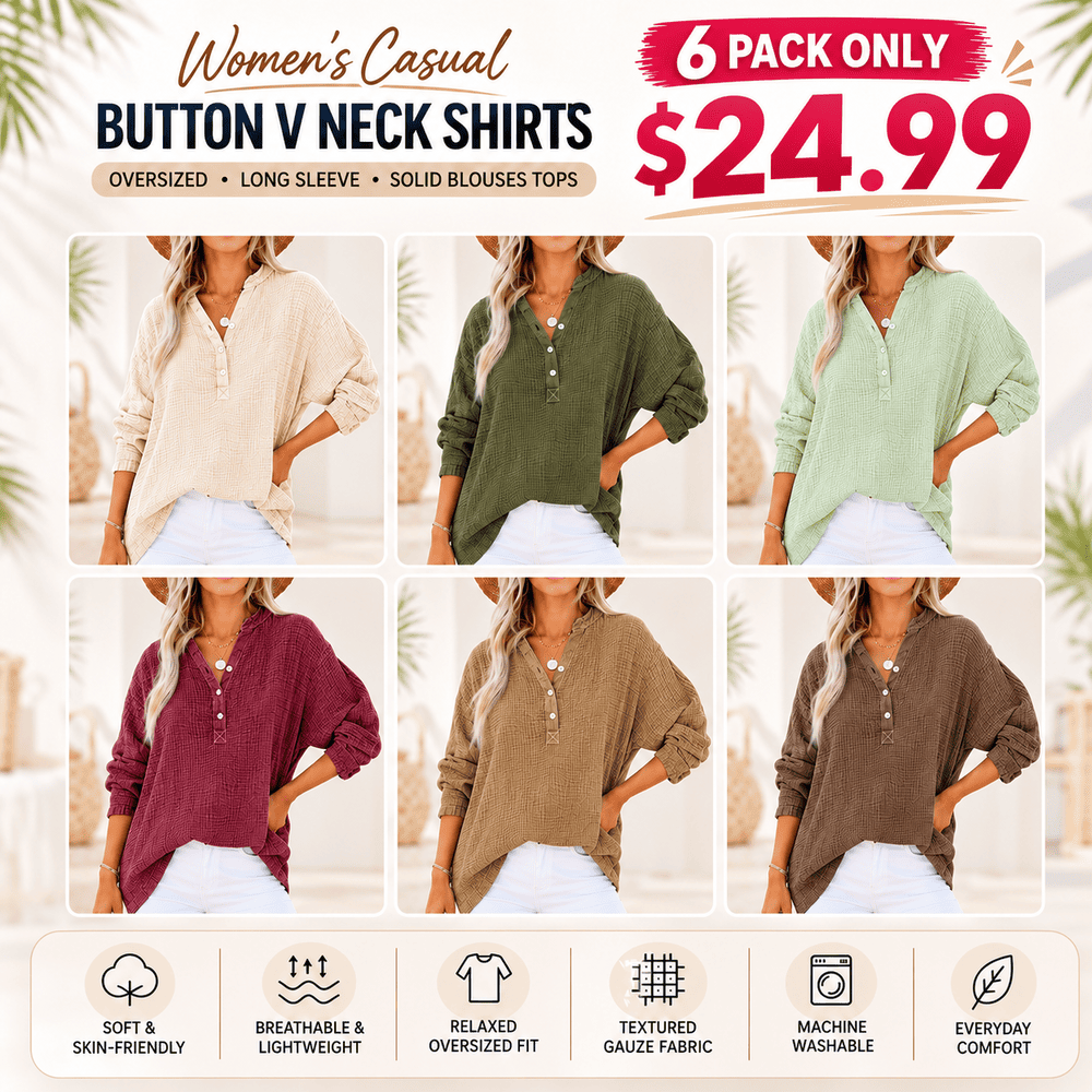 💝💝Womens Casual Button V Neck Long Sleeve Shirts Oversized Solid Blouses Tops