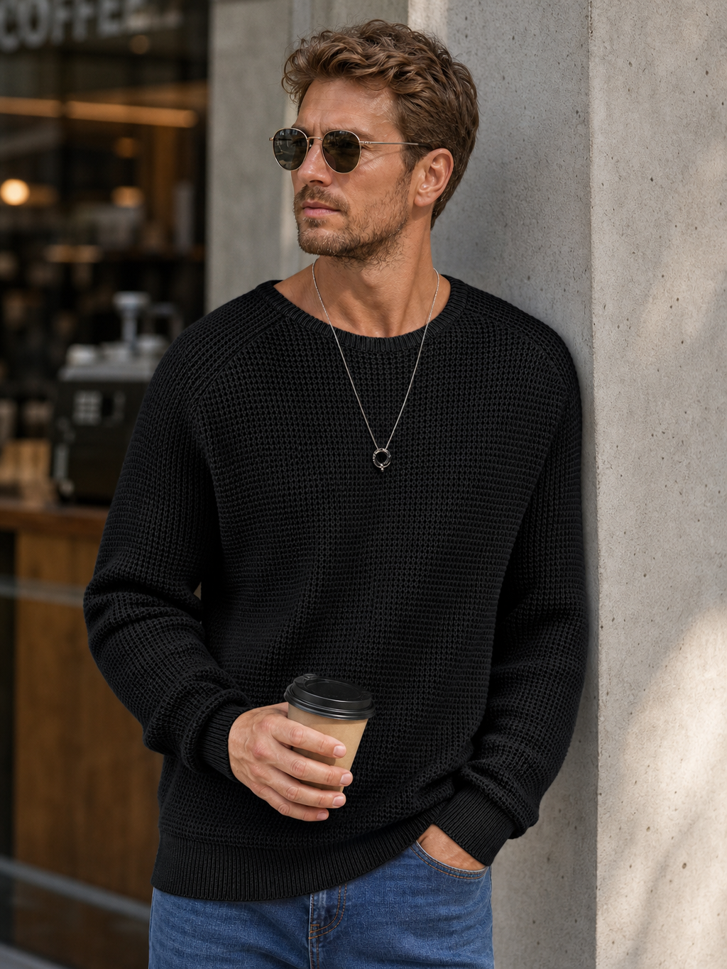 🌸🌸Limited Offer BESTSELLER | 8PCS $24.63 | Men's Relaxed Oversized Waffle Knit Crew Pullover✨