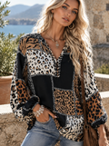 🌸🌸Women Leopard Color-Block Lantern Sleeve V-Neck Blouse✨