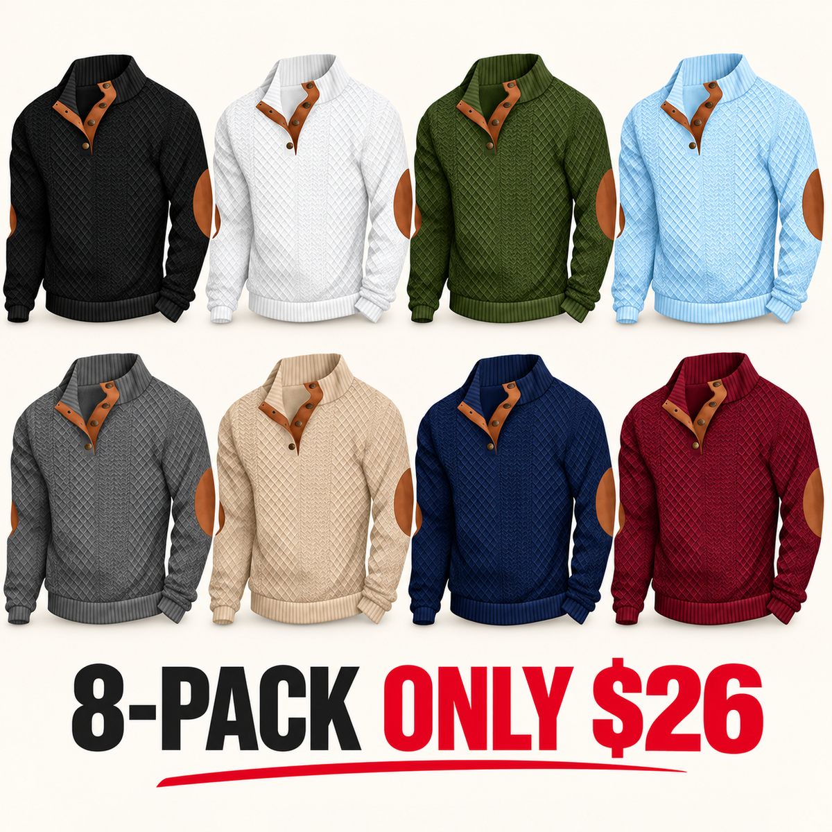 🌿🌿LAST DAY SAVE 49%⌛Men's Stand Collar Jacquard Knit Sweater, Micro Stretch 100% Polyester Elbow Patch Long Sleeve Top