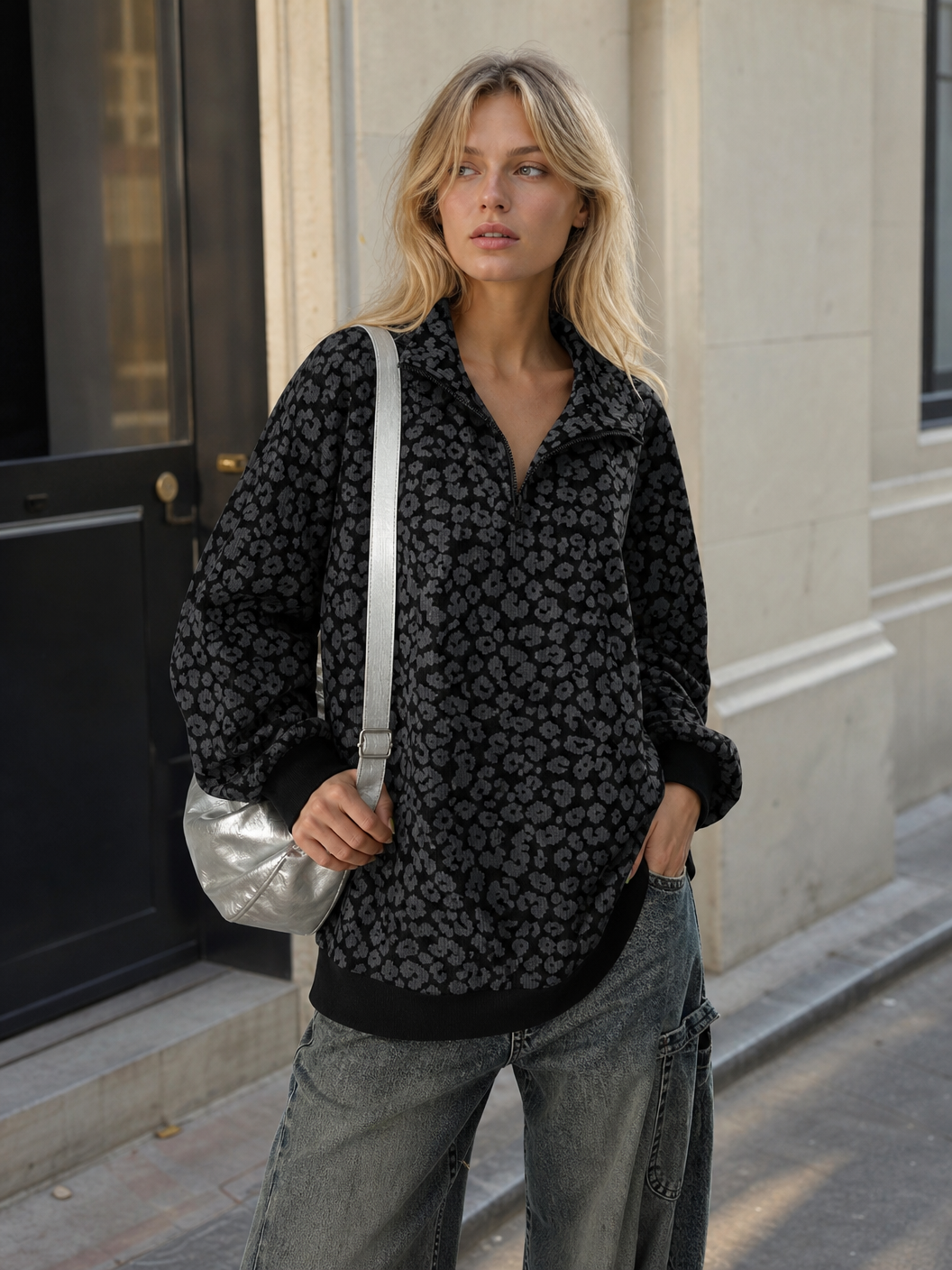 🌸🌸Oversized Half Zip Leopard Print Sweatshirt for Women, Casual Relaxed Fit Top