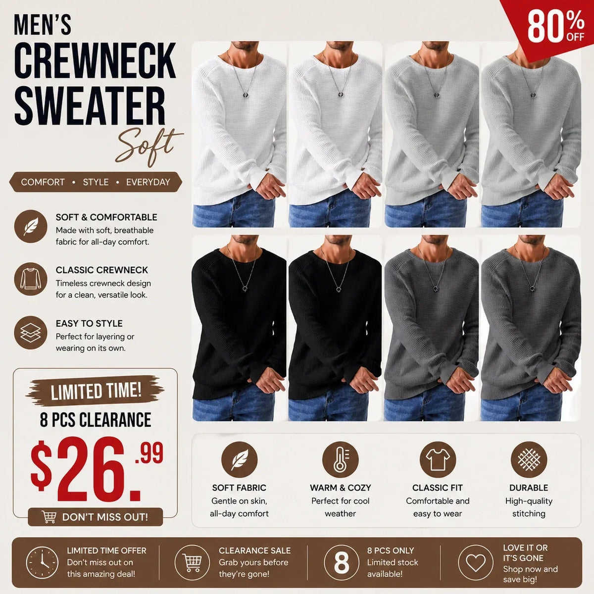 🌿🌿Limited-Time Offer🎁Men's Crewneck Sweater Soft Casual Sweaters Classic Long Sleeve Pullover Sweaters with Ribbing Edge