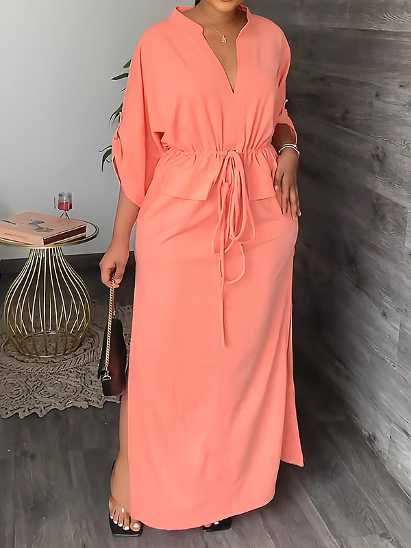 💚Loose Drawstring Solid Color Split-Side V-Neck Maxi Dresses