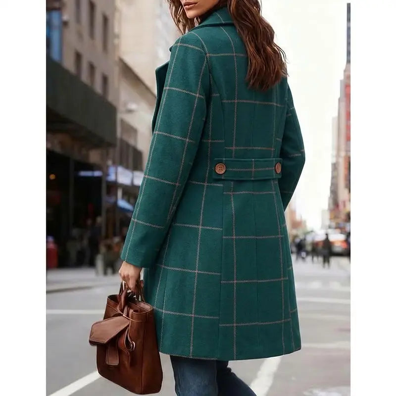 💚WoodBerry Plaid Wool Blend Trench Coat Beige Notch Lapel Mid Long