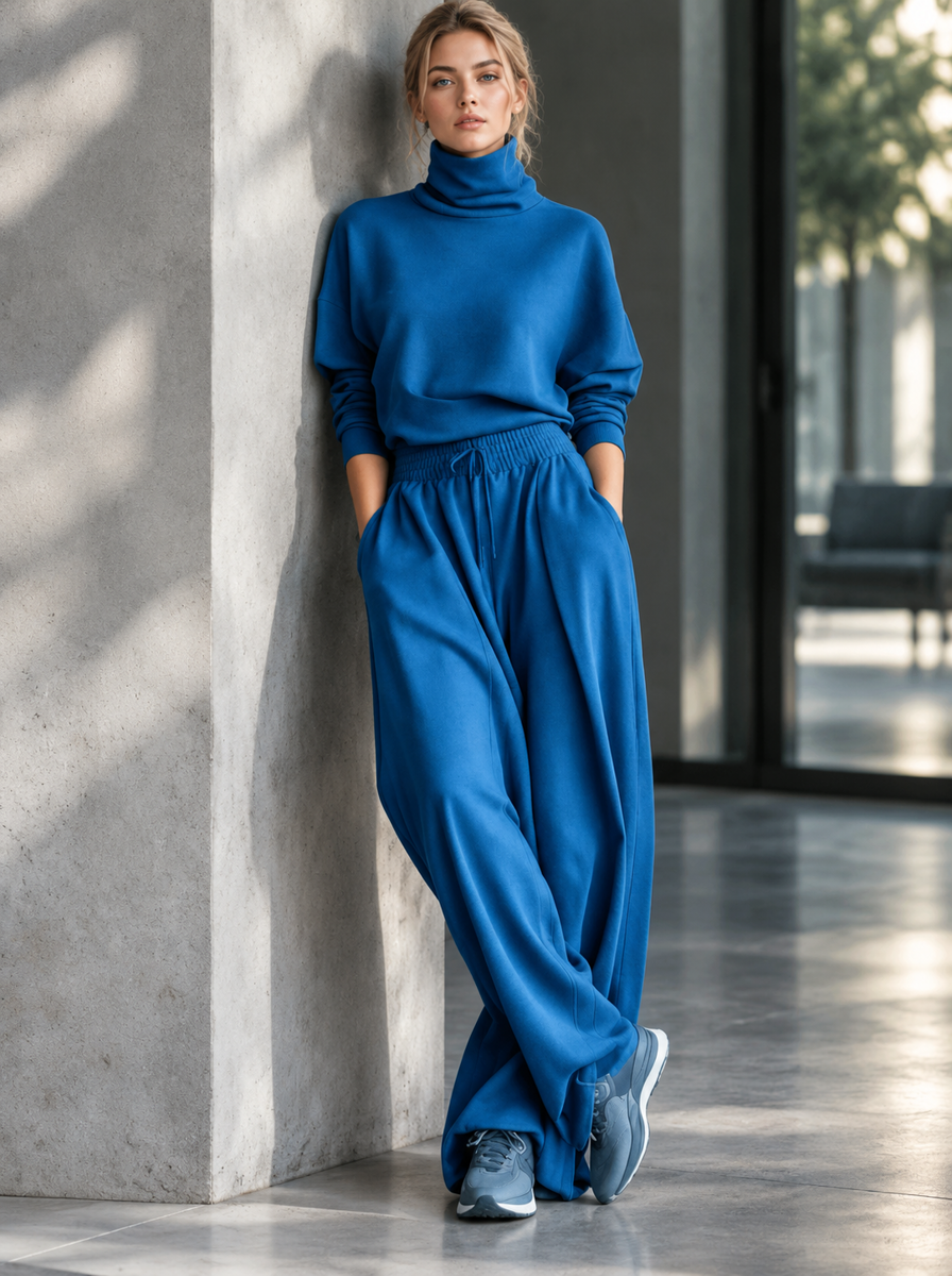 🌸🌸Women Turtleneck Wide Leg Pants 2 Piece Outfit Set, Drawstring Waist Casual Matching Loungewear