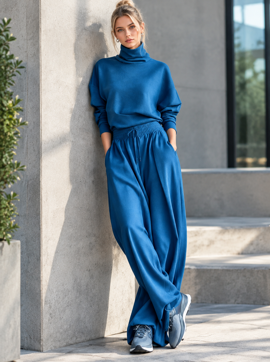 🌸🌸Women Turtleneck Wide Leg Pants 2 Piece Outfit Set, Drawstring Waist Casual Matching Loungewear