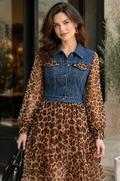 💚Milan Denim Bodice Leopard Dress