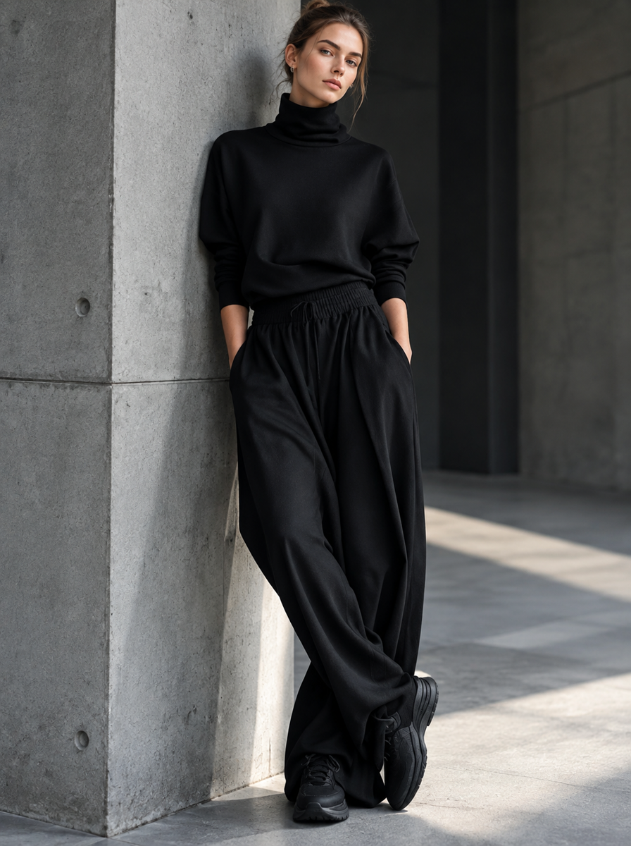 🌸🌸Women Turtleneck Wide Leg Pants 2 Piece Outfit Set, Drawstring Waist Casual Matching Loungewear
