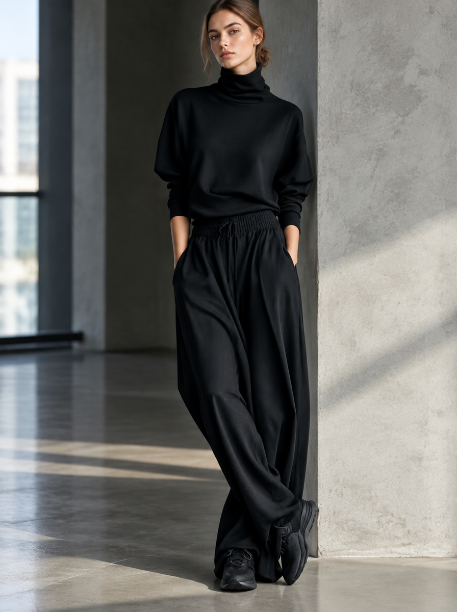 🌸🌸Women Turtleneck Wide Leg Pants 2 Piece Outfit Set, Drawstring Waist Casual Matching Loungewear