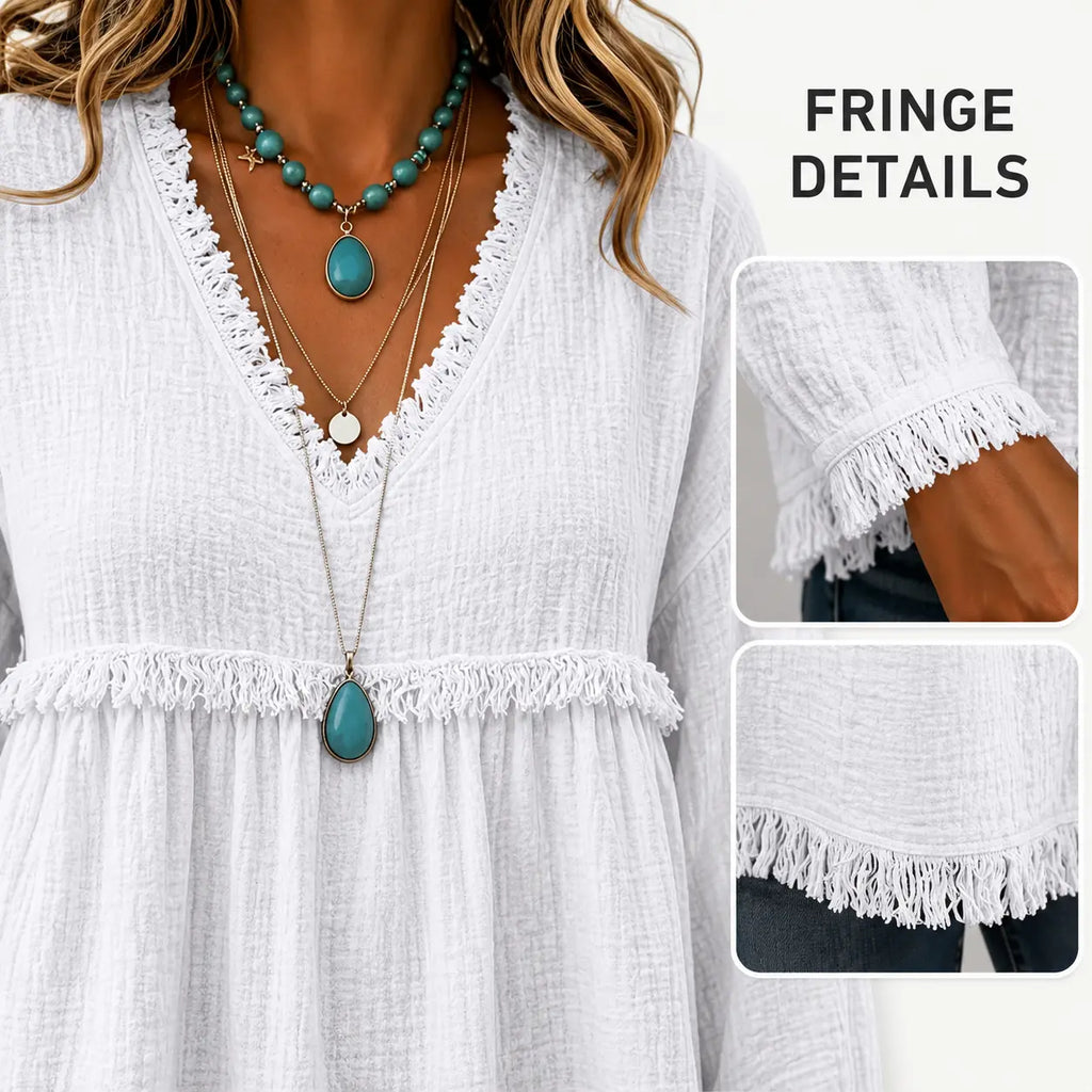 💝💝Women's Boho V Neck Long Sleeve Fringe Top Plus Size