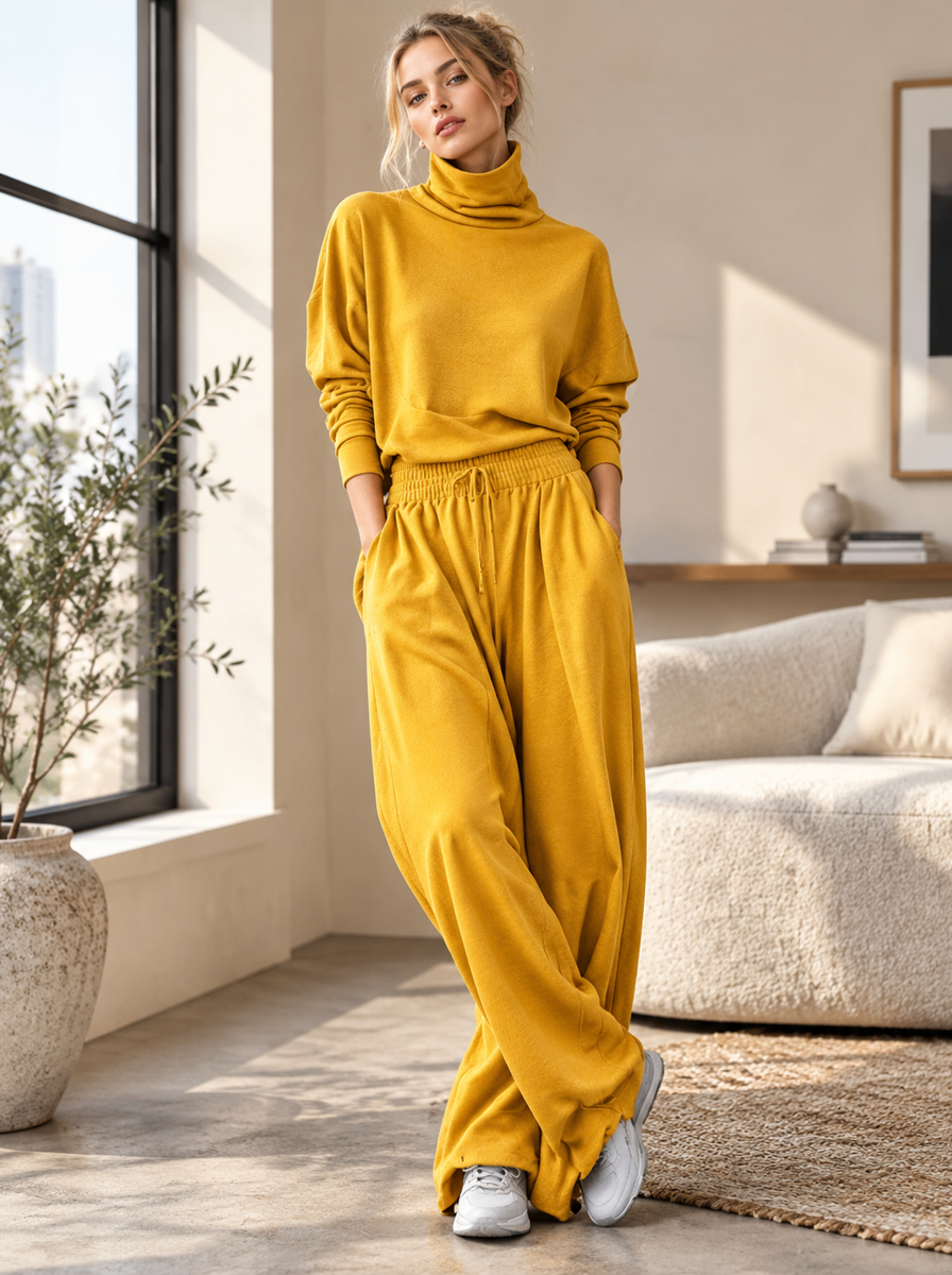 🌸🌸Women Turtleneck Wide Leg Pants 2 Piece Outfit Set, Drawstring Waist Casual Matching Loungewear